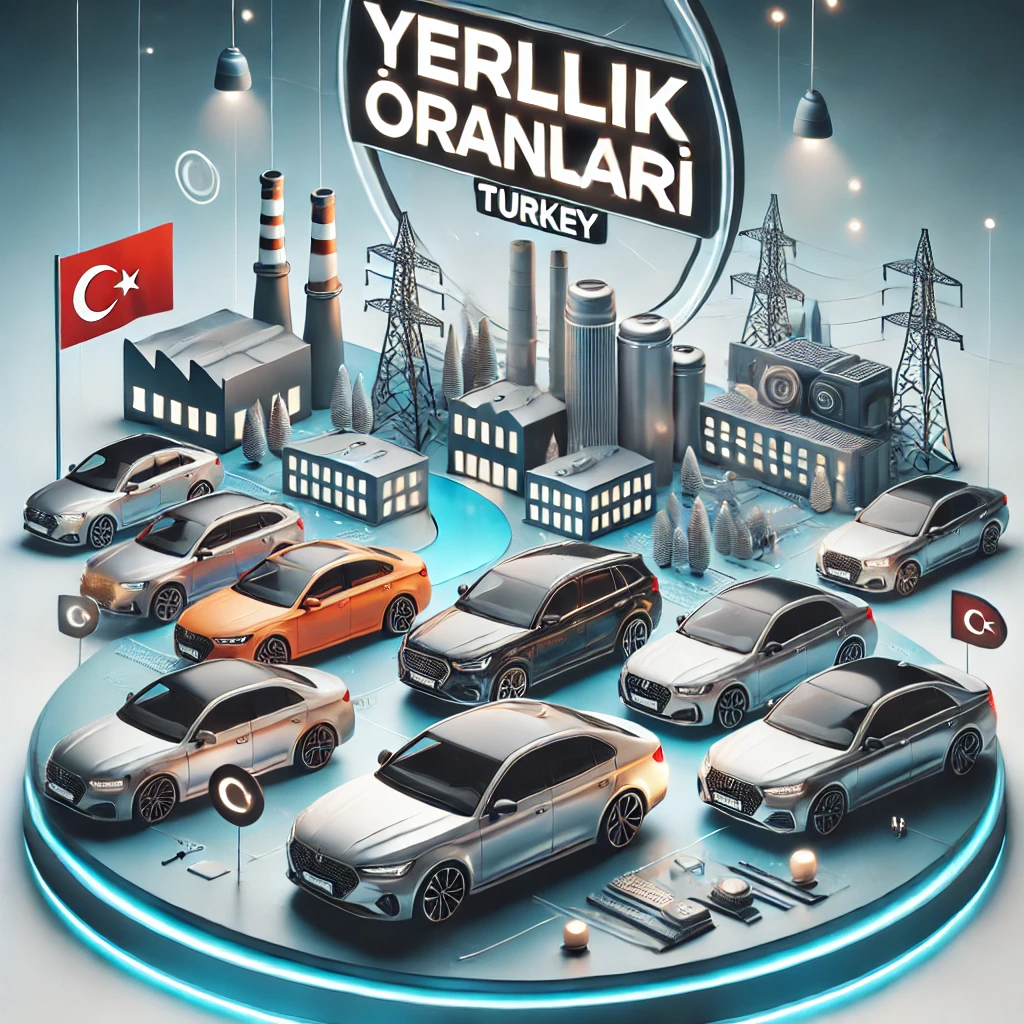 Türkiye’de üretilen yerli otomobillerin temsil edildiği bir görsel. Farklı modellerde sedan ve SUV araçlar, Türk fabrikalarını yansıtan bir arka plan önünde sergileniyor. Üst kısımda 'Yerlilik Oranları' yazısı bold ve net bir şekilde yer alıyor.